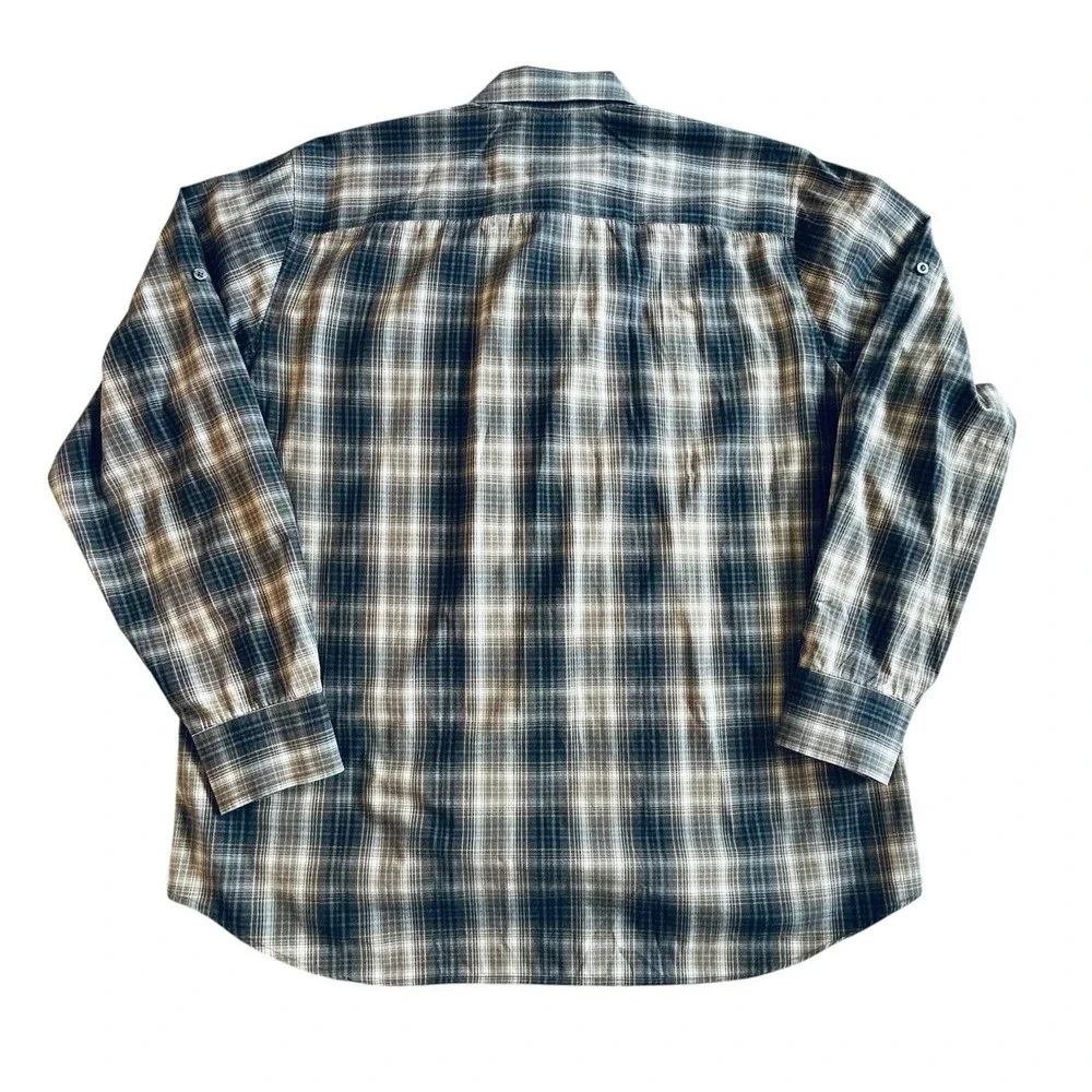Banana Republic Mens L Slim Fit Plaid Shirt Blue Brown Tan Cotton Stretch Large